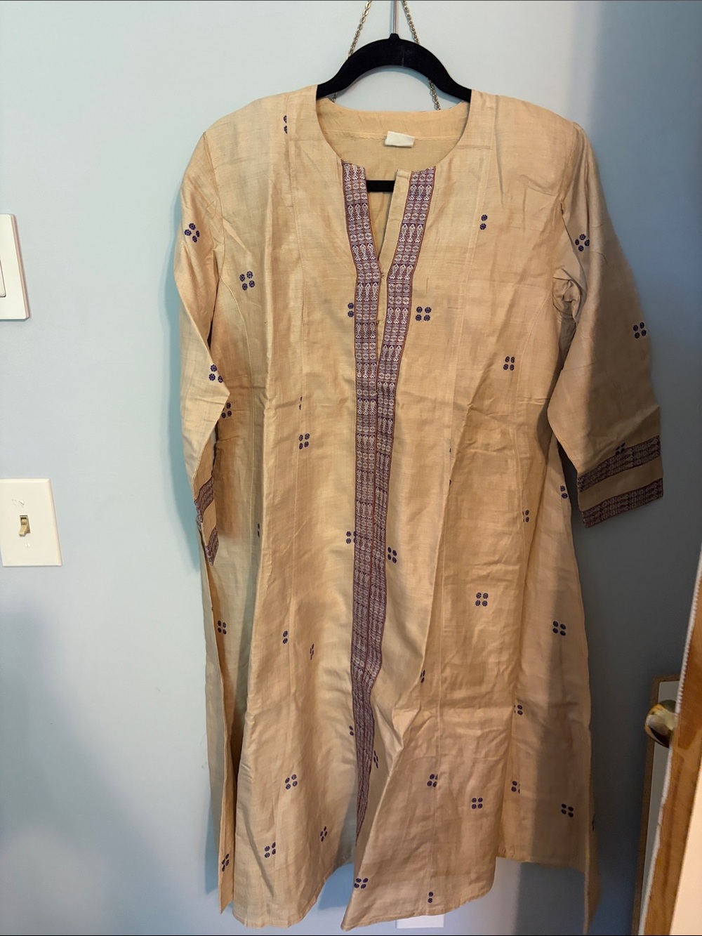 Beige Women's Kurta with Purple Embroidery - Casual Button-Down Style
